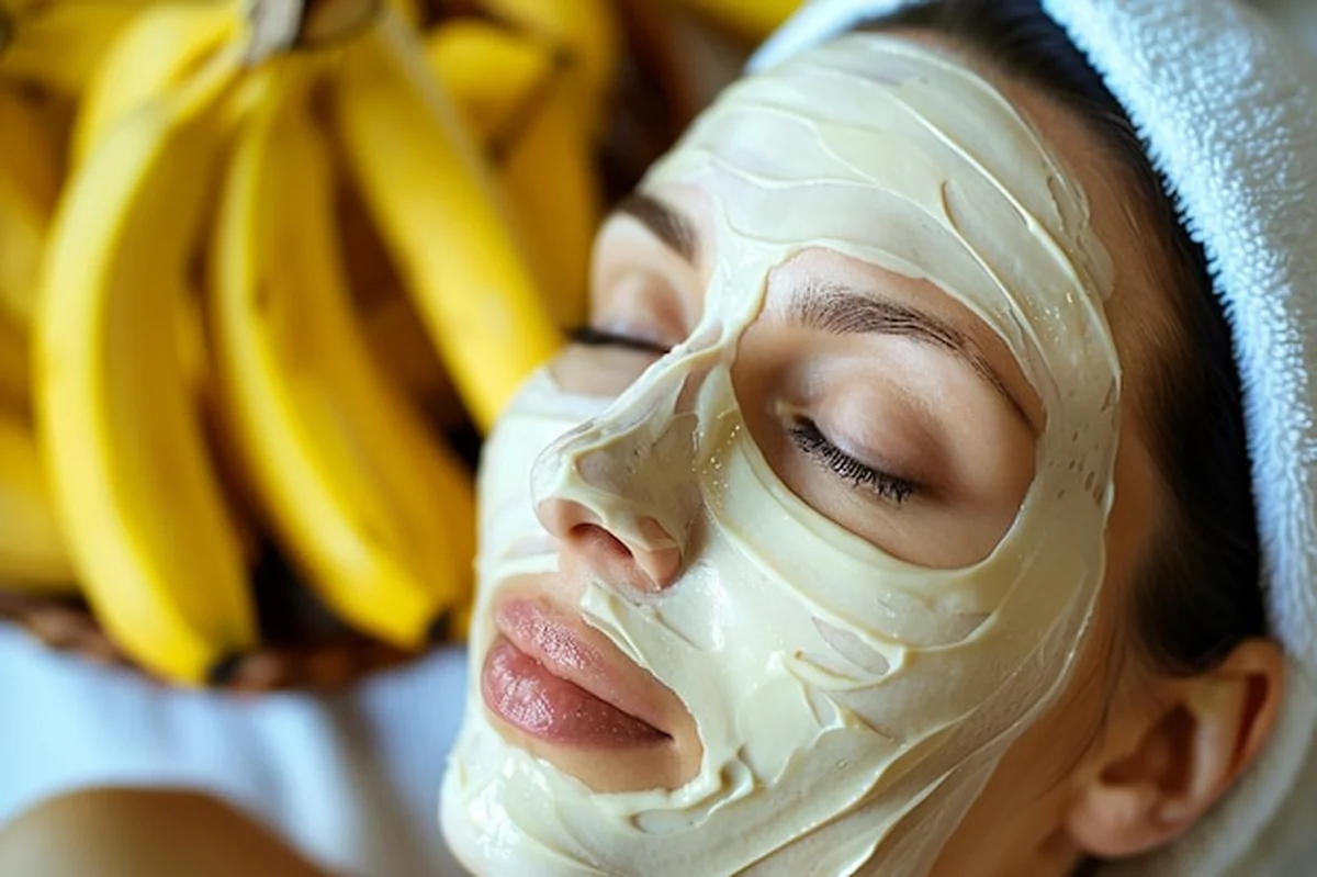 Spokojna kobieta z maseczką z bananami na twarzy