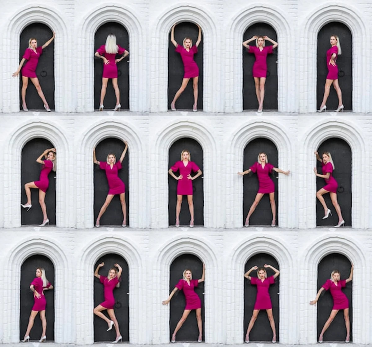 Młode piękne dziewczęta w burgundowej sukni wieczorowej pod kamiennym łukiem