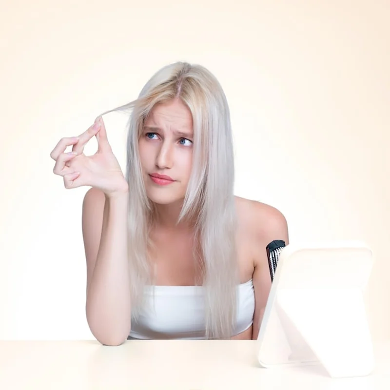 Kobieta z kosmetyczną skórą i problemem wypadania włosów