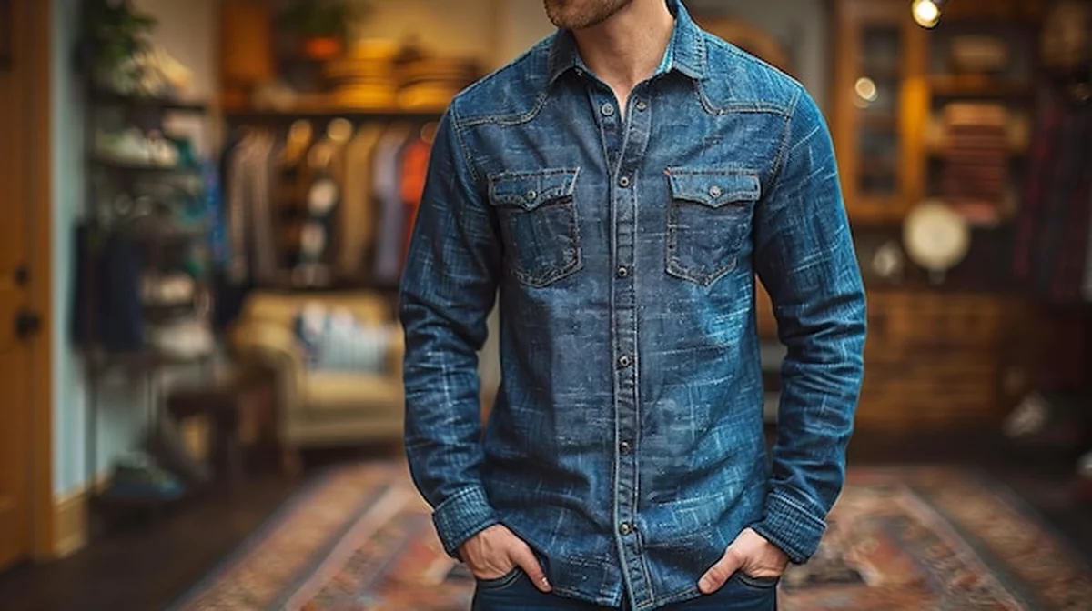 Mężczyzna w dżinsowej koszuli przed sklepem z odzieżą
