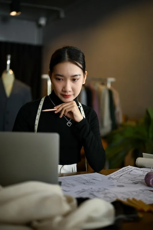 Projektantka mody pracująca nad nową kolekcją na laptopie